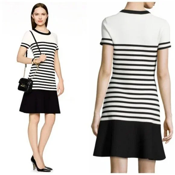 Kate Spade drop waist Scuba dress XXS black ivory stripe fit & flare - Picture 2 of 11